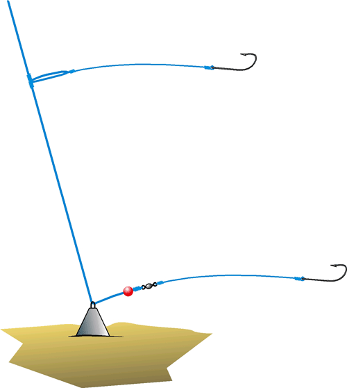 The basic running ledger rig, shown here with a flyer for fish feeding just off the seabed