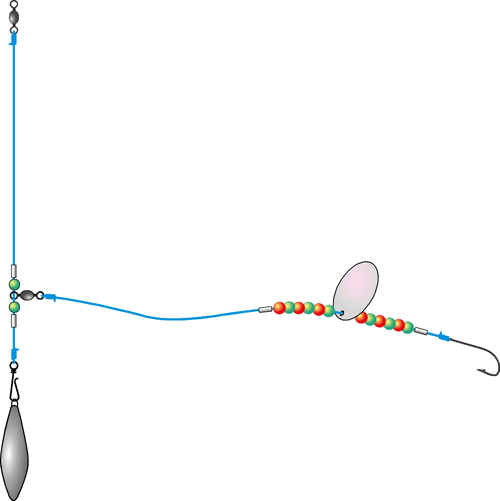 The basic arrangement of flounder fishing rigs; the hook link can be anything from 1ft to 20ft long!