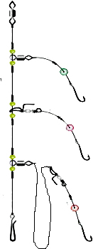 A three hook loop rig was developed for casting long-snooded clipped rigs long distances.